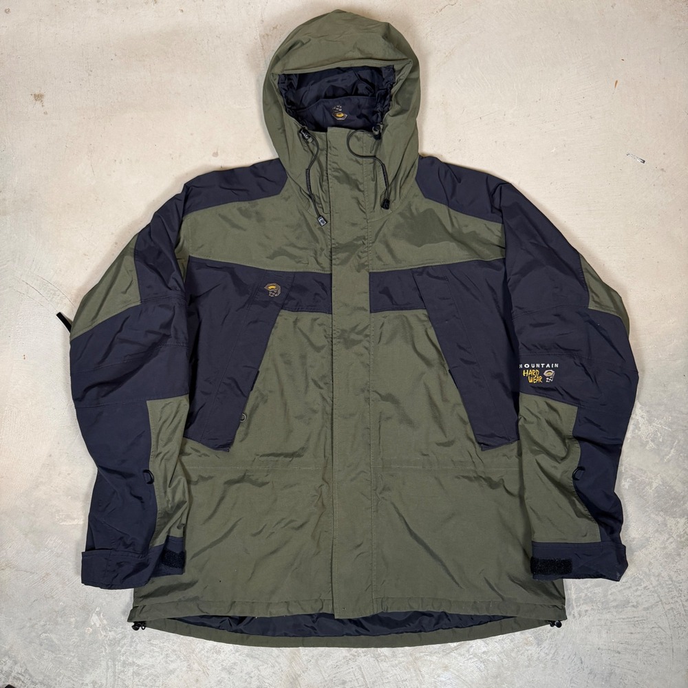 Mountain Hardwear Conduit Jacket Mens XL Olive Green Black Hooded Shell Vintage